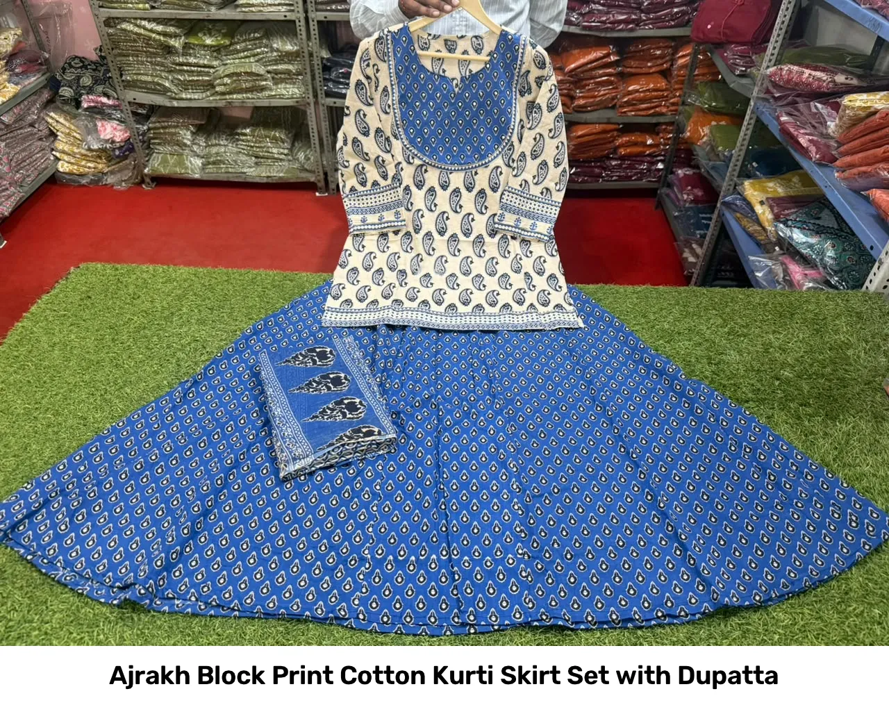 Ajrakh Block Print Cotton Kurti Skirt Set with Dupatta 4