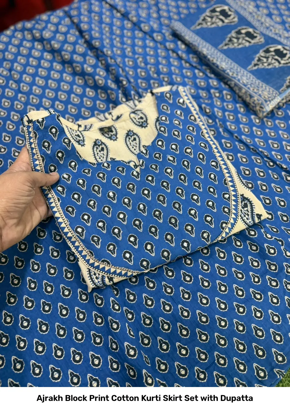 Ajrakh Block Print Cotton Kurti Skirt Set with Dupatta 5