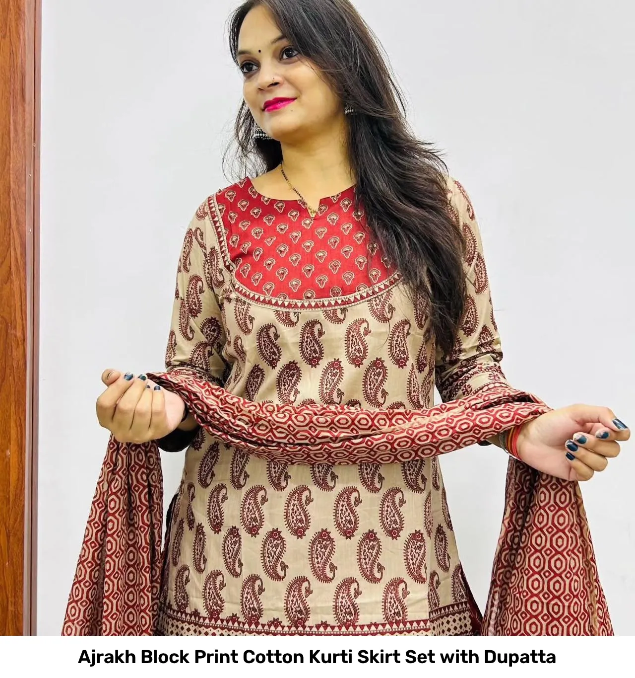 Ajrakh Block Print Cotton Kurti Skirt Set with Dupatta 6
