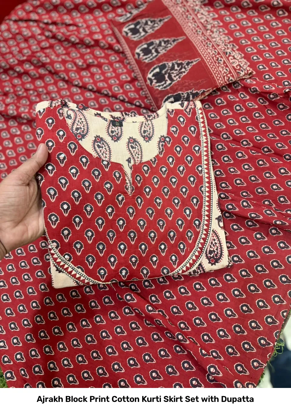 Ajrakh Block Print Cotton Kurti Skirt Set with Dupatta 7