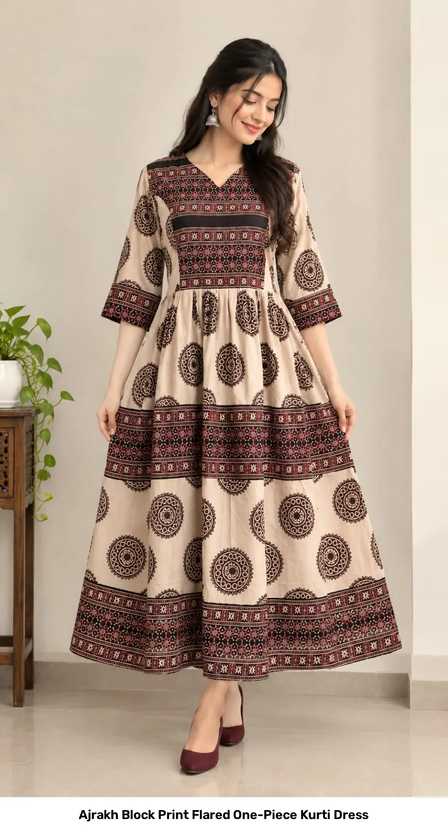 Ajrakh Block Print Flared One-Piece Kurti Dress 2