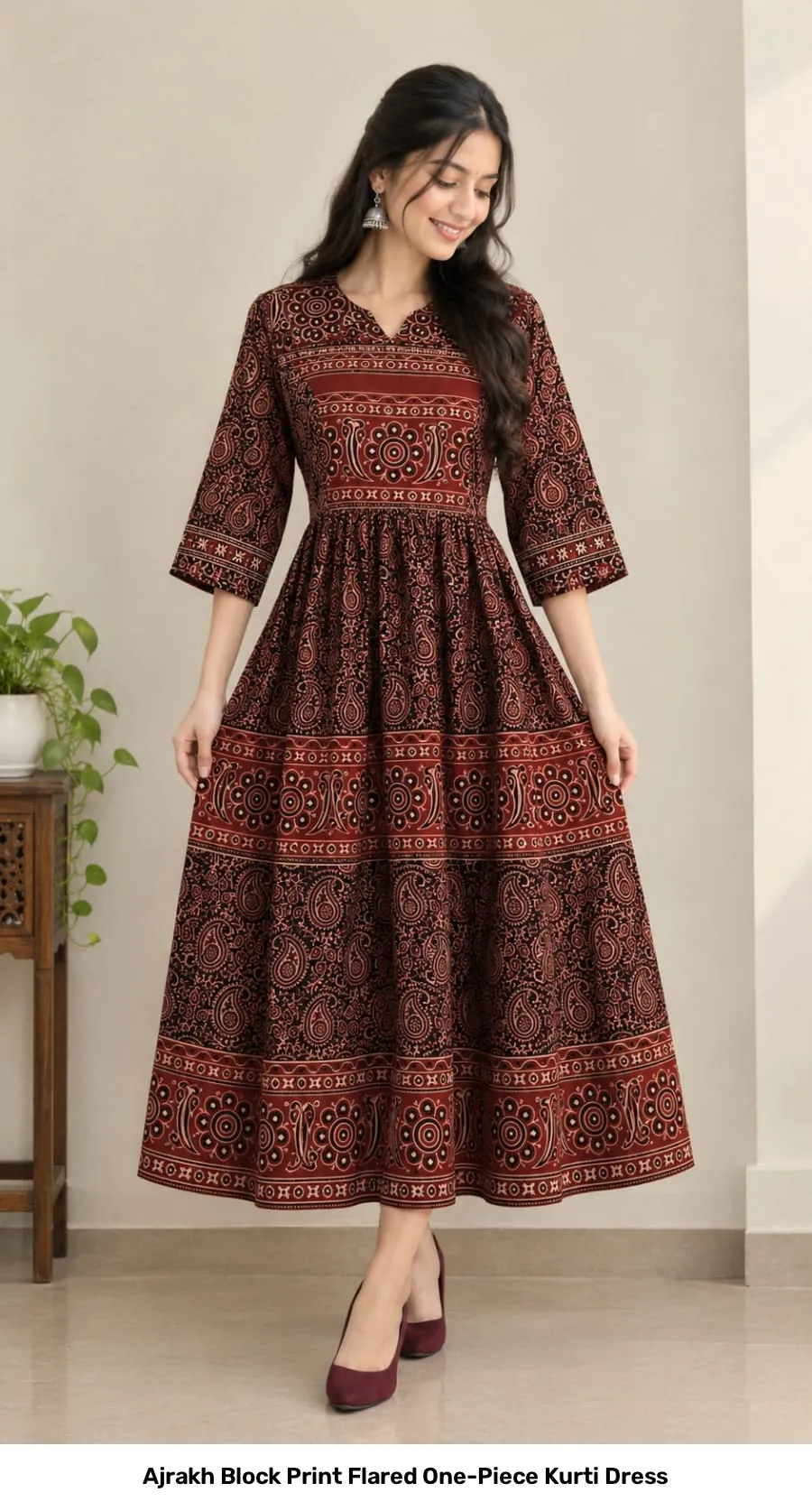 Ajrakh Block Print Flared One-Piece Kurti Dress 3