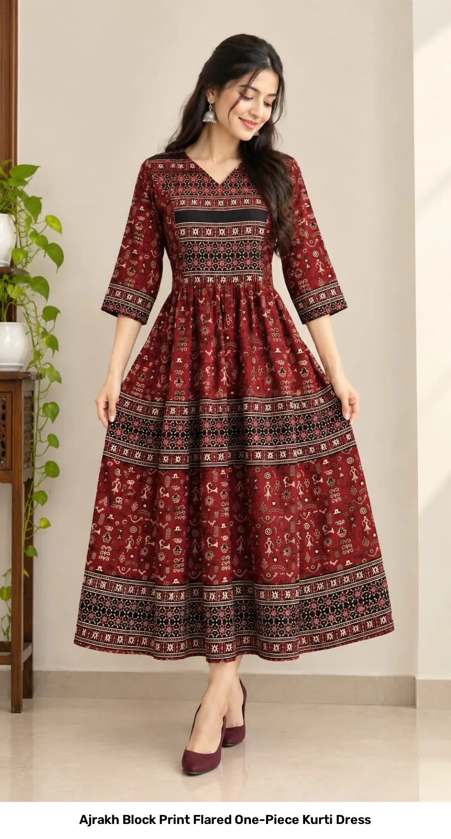 Ajrakh Block Print Flared One-Piece Kurti Dress 4