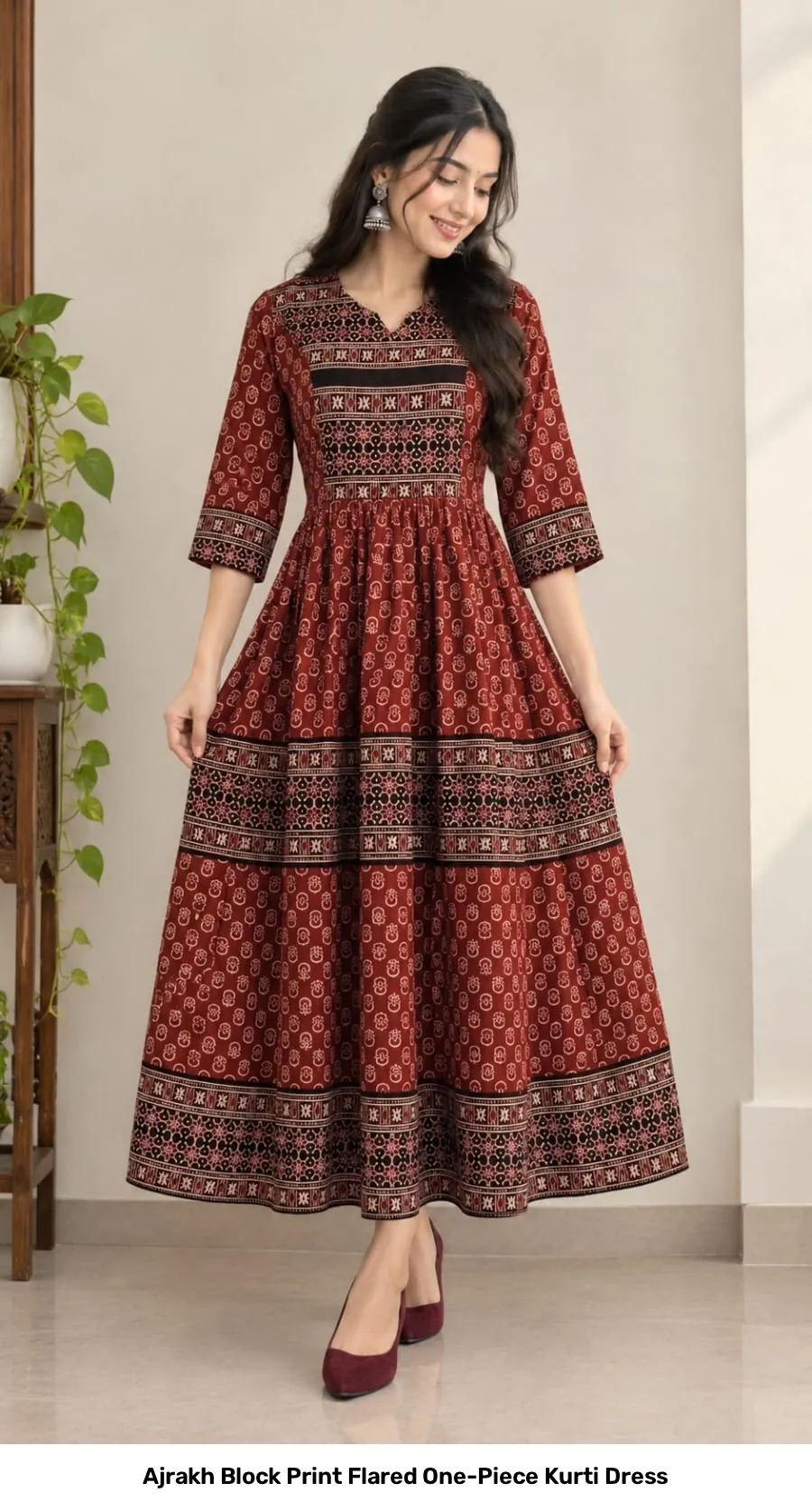 Ajrakh Block Print Flared One-Piece Kurti Dress 5