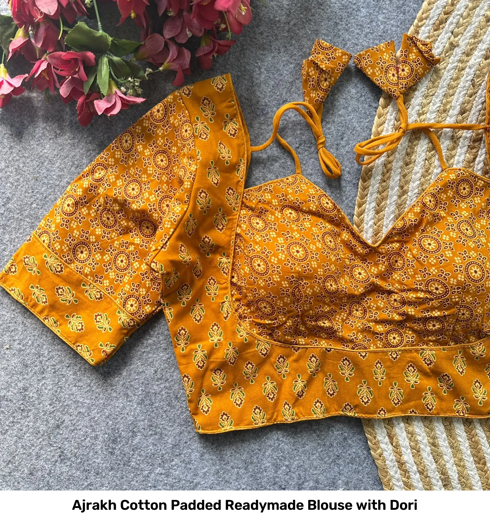 Ajrakh Cotton Padded Readymade Blouse with Dori 6