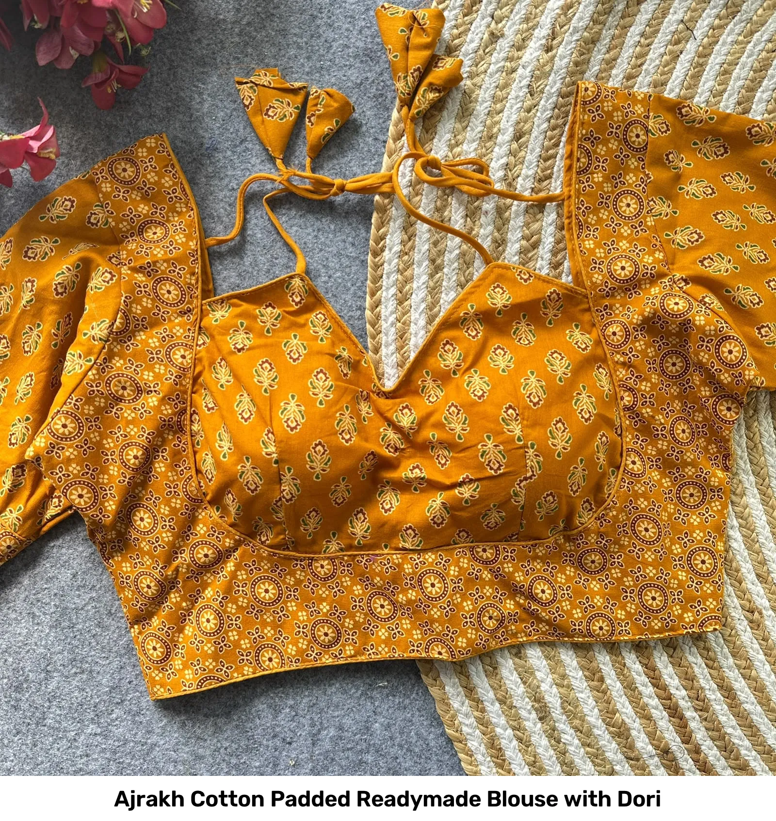 Ajrakh Cotton Padded Readymade Blouse with Dori 7
