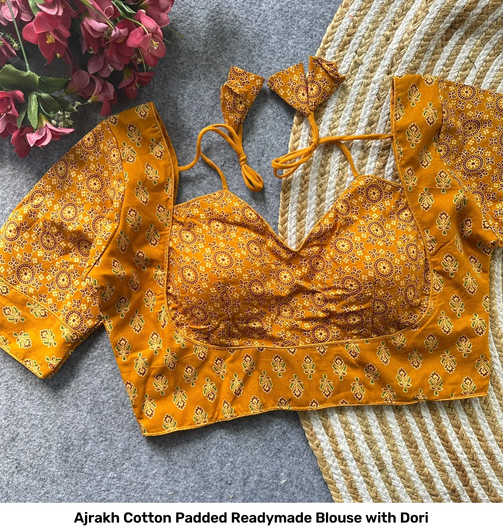 Ajrakh Cotton Padded Readymade Blouse with Dori 8
