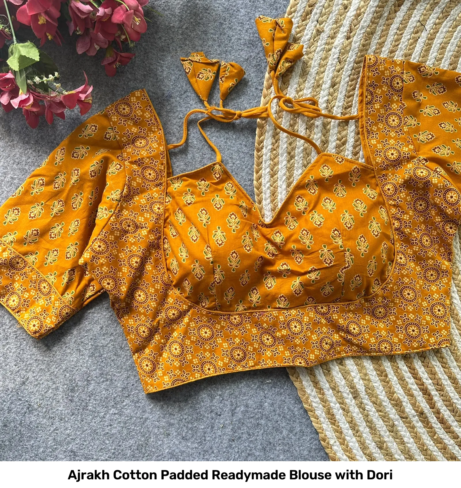 Ajrakh Cotton Padded Readymade Blouse with Dori 9