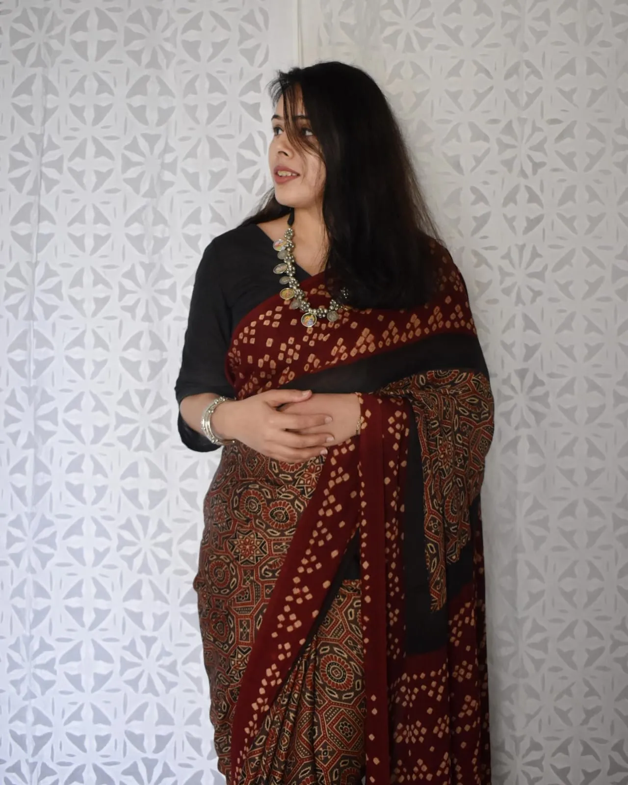 Ajrakh Muslin Silk Saree