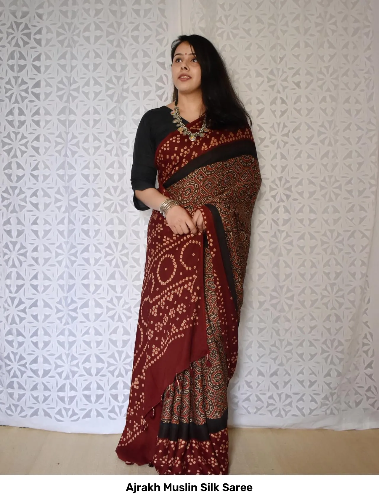 Ajrakh Muslin Silk Saree 12