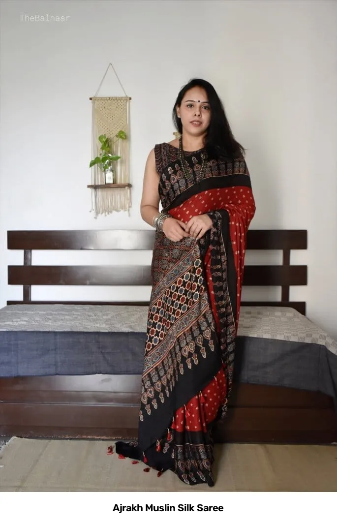 Ajrakh Muslin Silk Saree 13