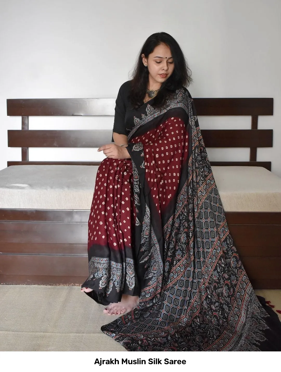 Ajrakh Muslin Silk Saree 14