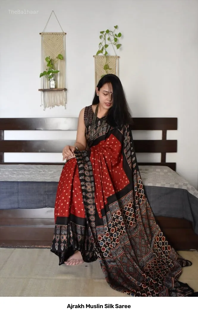 Ajrakh Muslin Silk Saree 16
