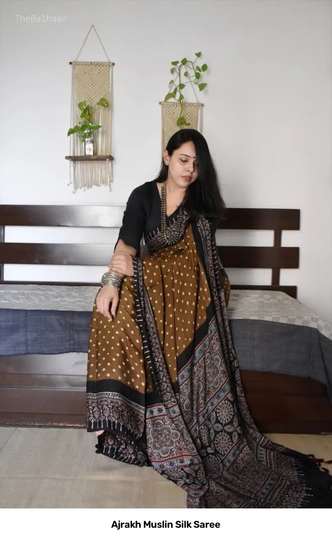 Ajrakh Muslin Silk Saree 7