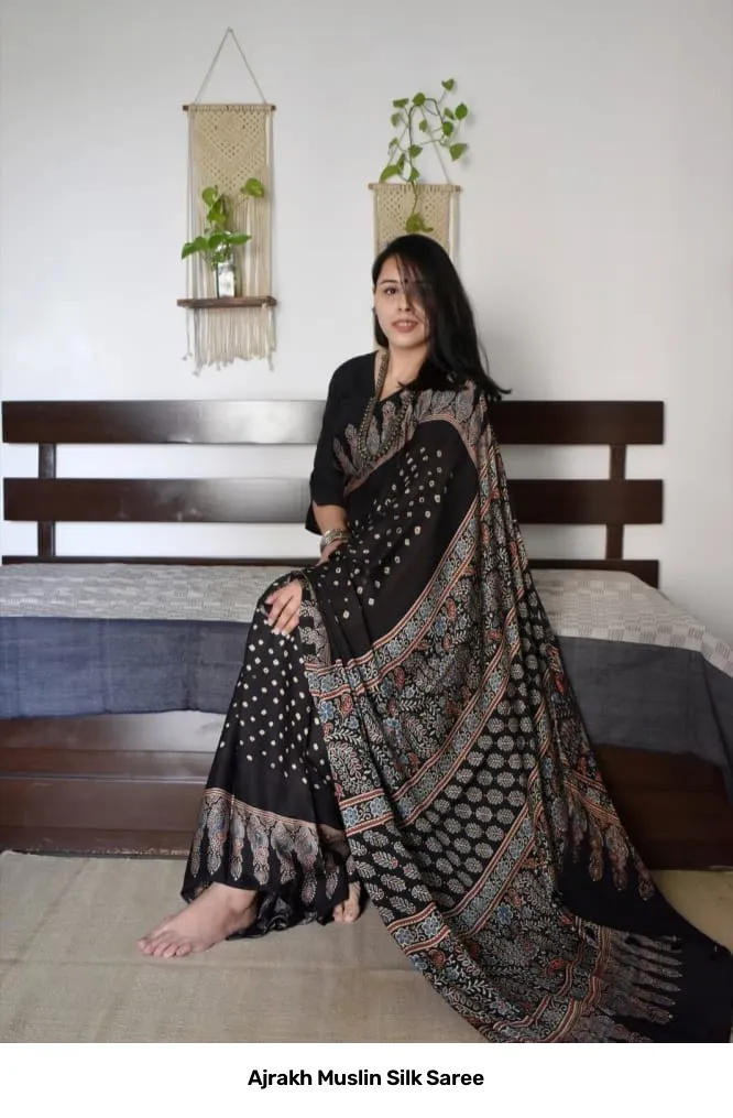 Ajrakh Muslin Silk Saree 8