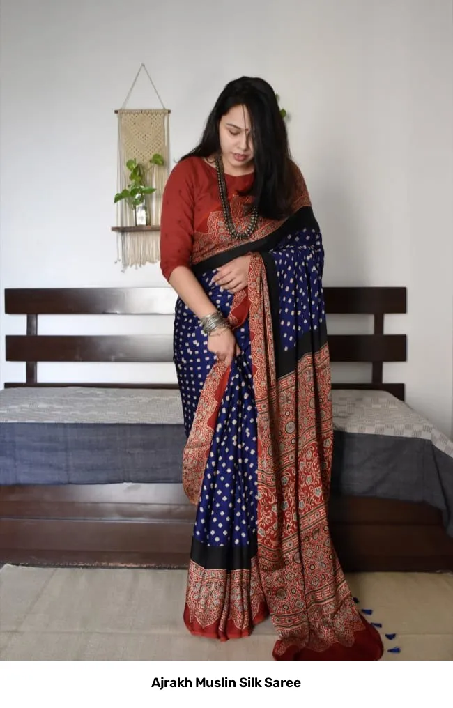 Ajrakh Muslin Silk Saree 9