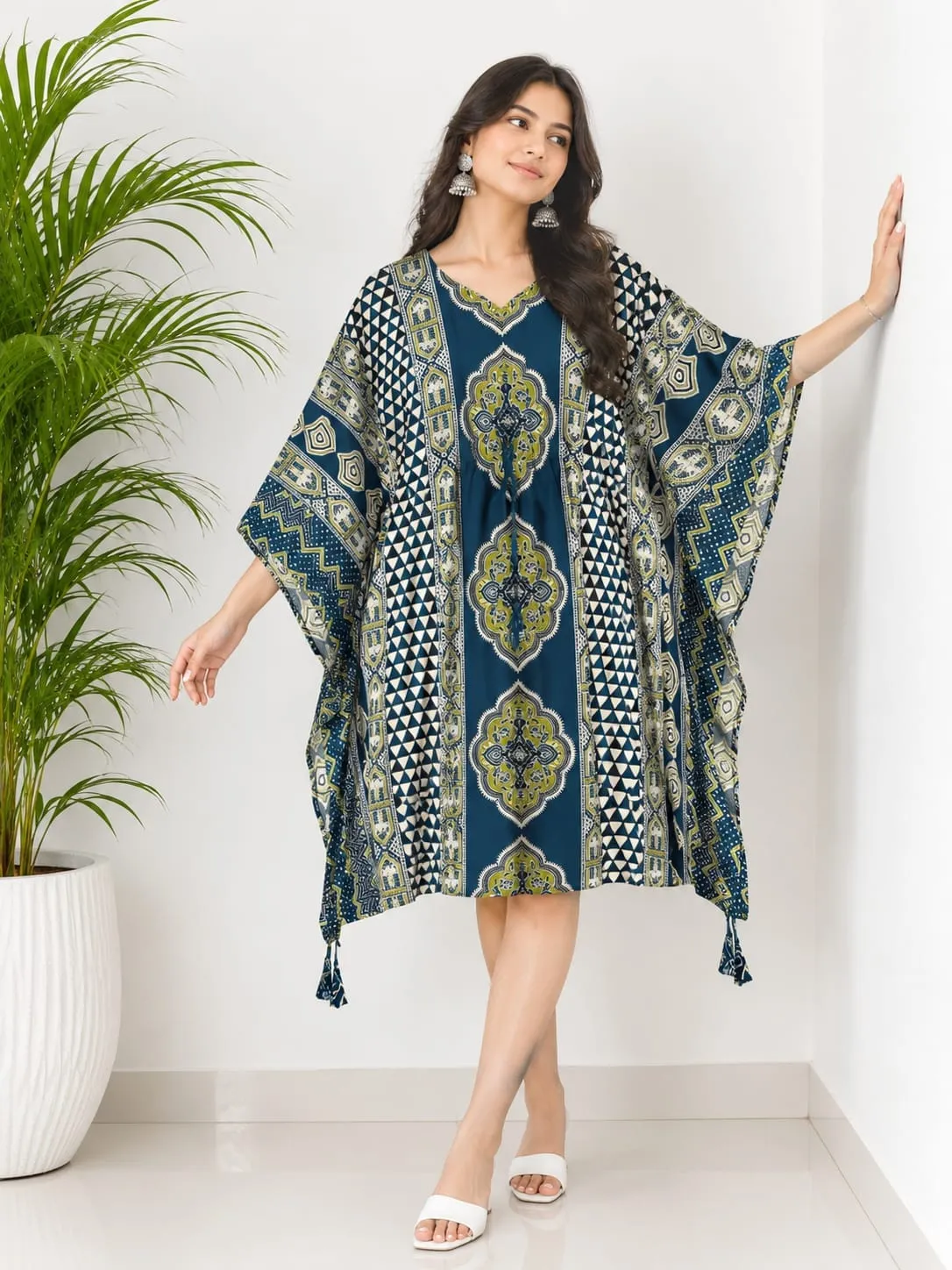 Ajrakh Print Cotton Kaftan Dress with Drawstring