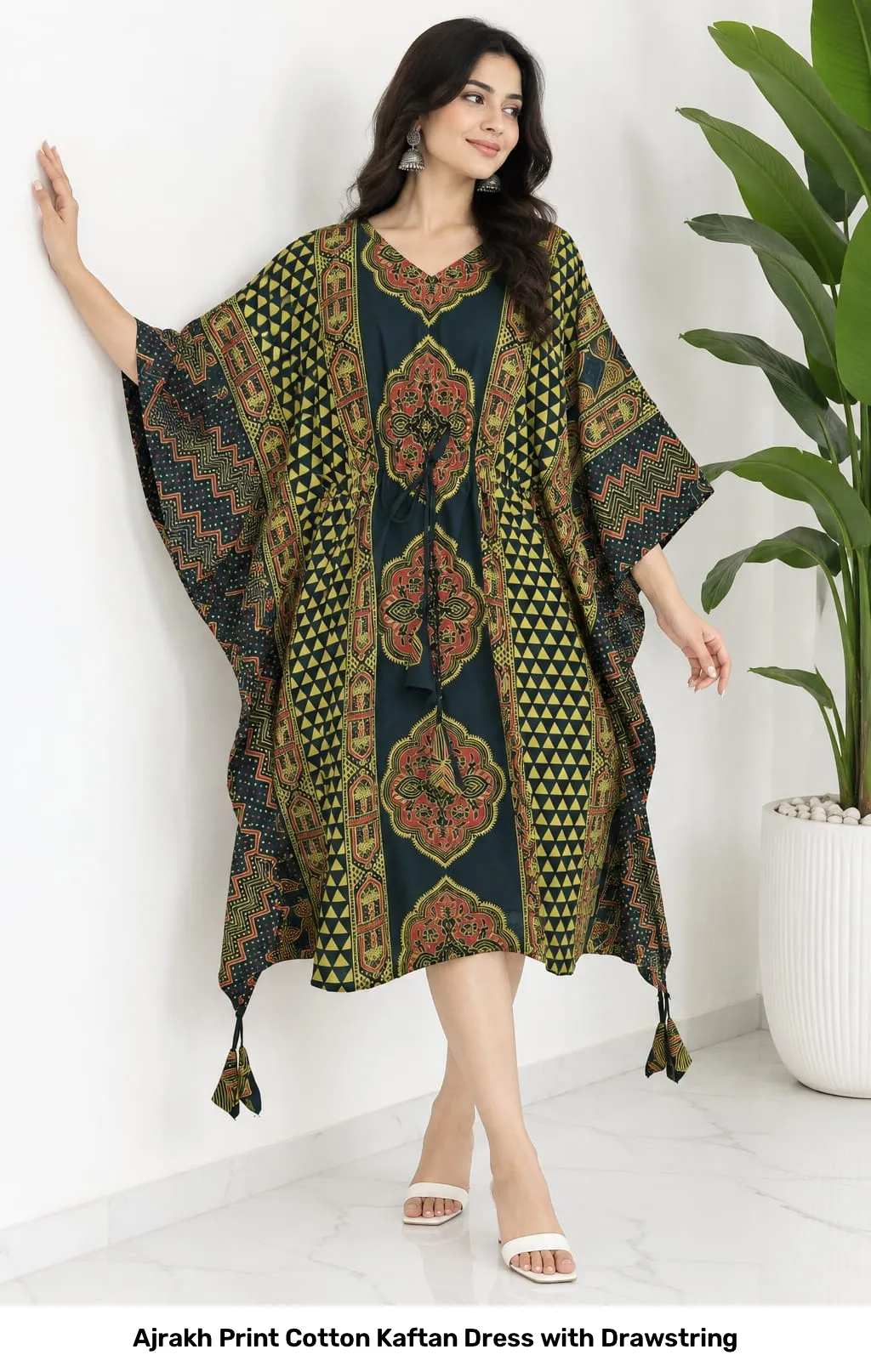 Ajrakh Print Cotton Kaftan Dress with Drawstring 2