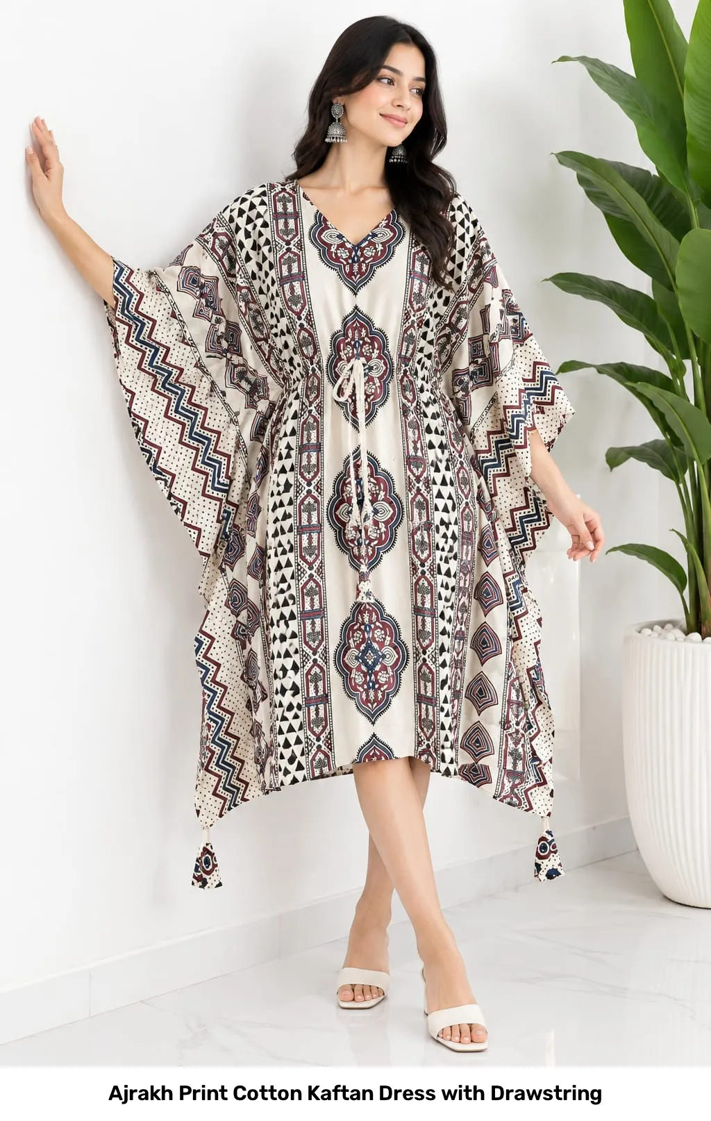 Ajrakh Print Cotton Kaftan Dress with Drawstring 3