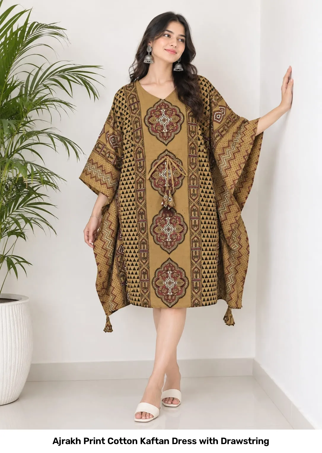 Ajrakh Print Cotton Kaftan Dress with Drawstring 4