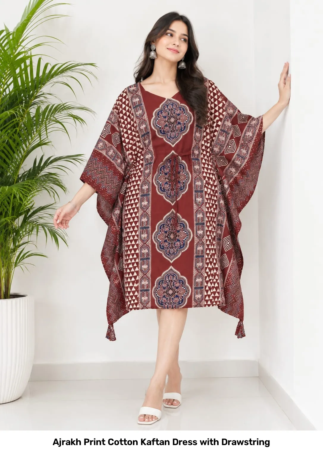 Ajrakh Print Cotton Kaftan Dress with Drawstring 5
