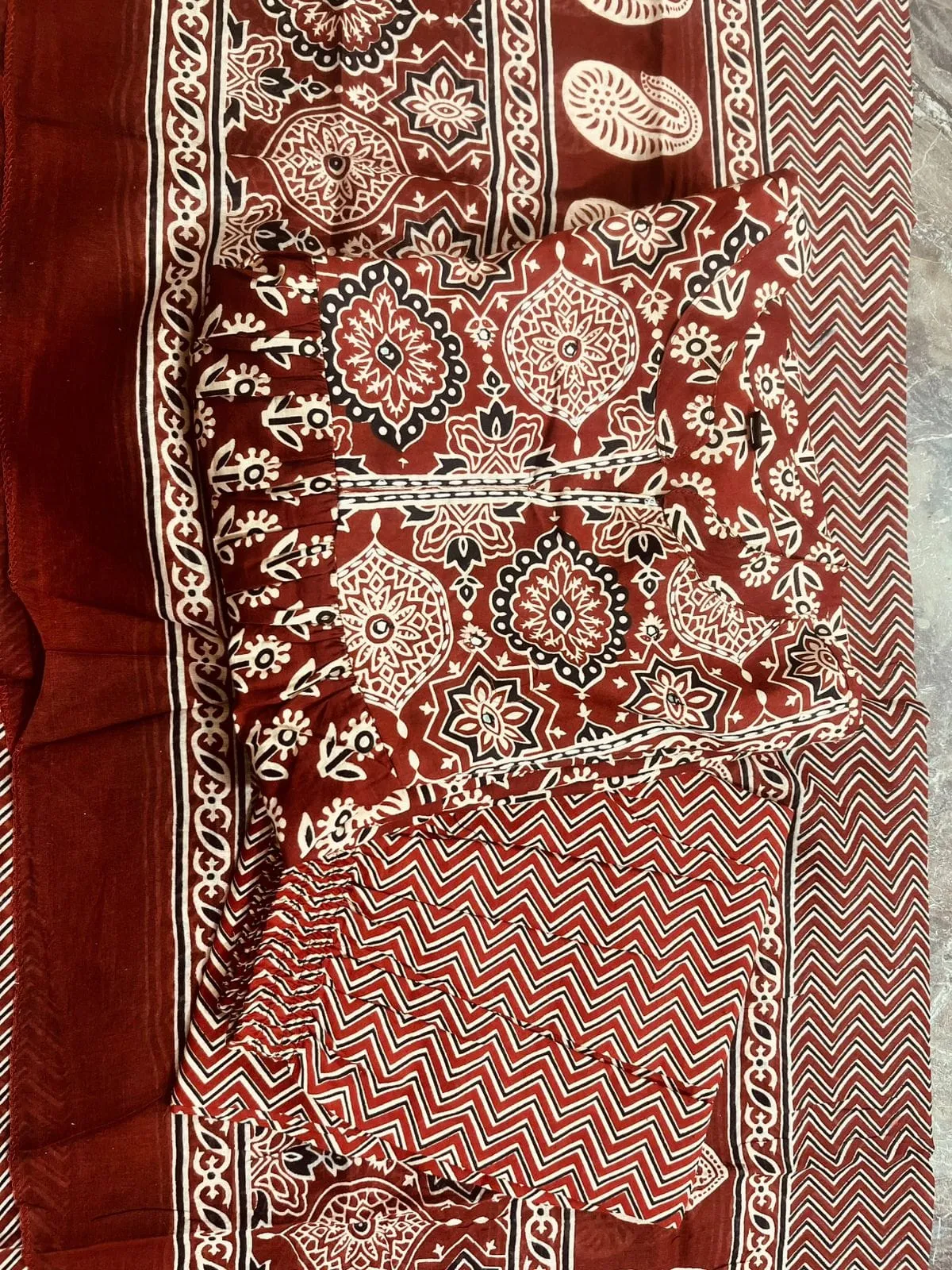Ajrakh Print Cotton Kurti Palazzo Set with Kantha Work Dupatta
