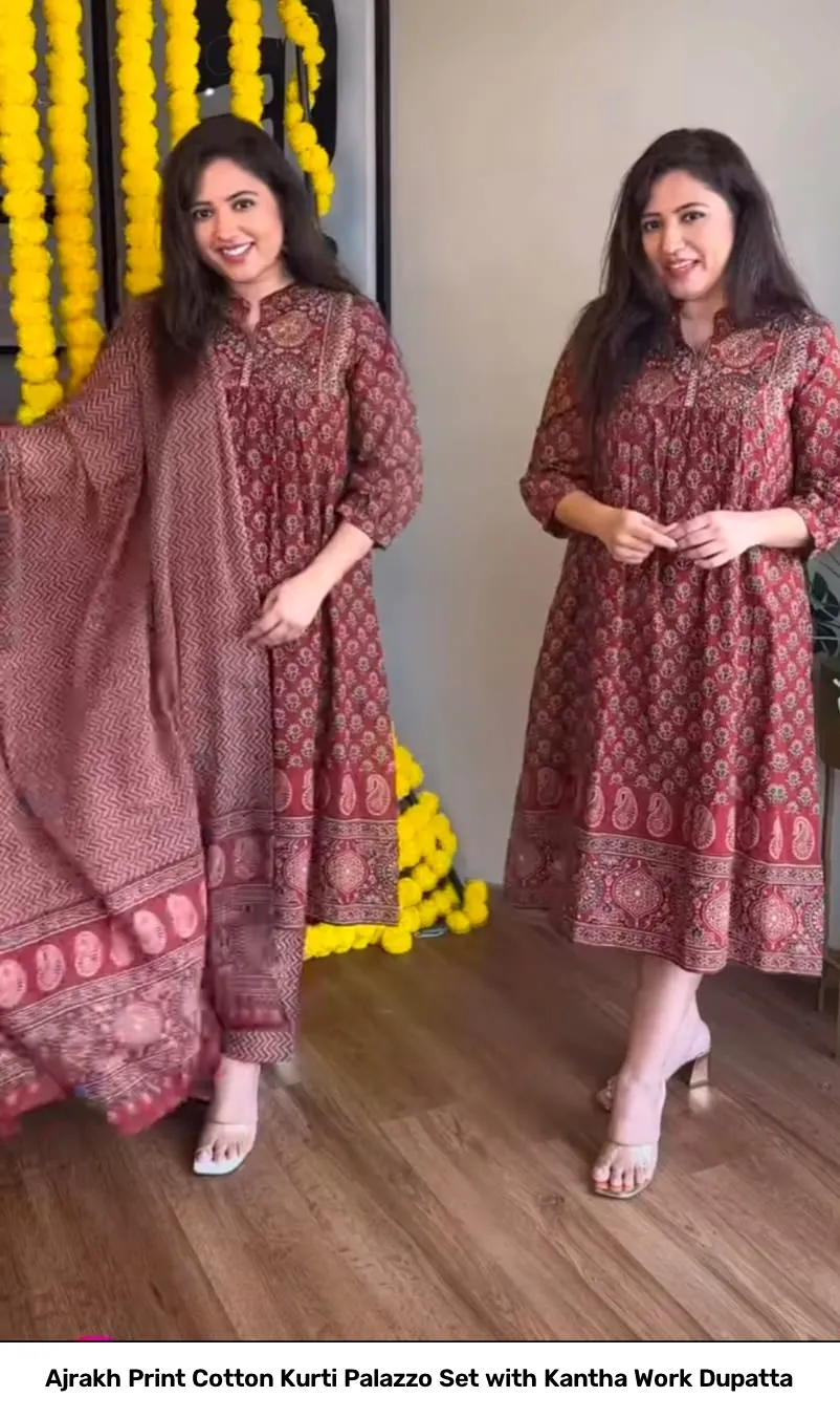 Ajrakh Print Cotton Kurti Palazzo Set with Kantha Work Dupatta 2