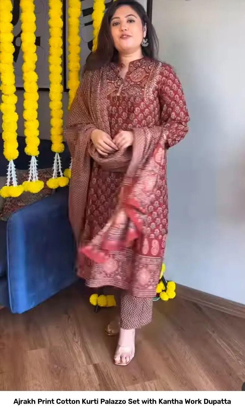 Ajrakh Print Cotton Kurti Palazzo Set with Kantha Work Dupatta 3