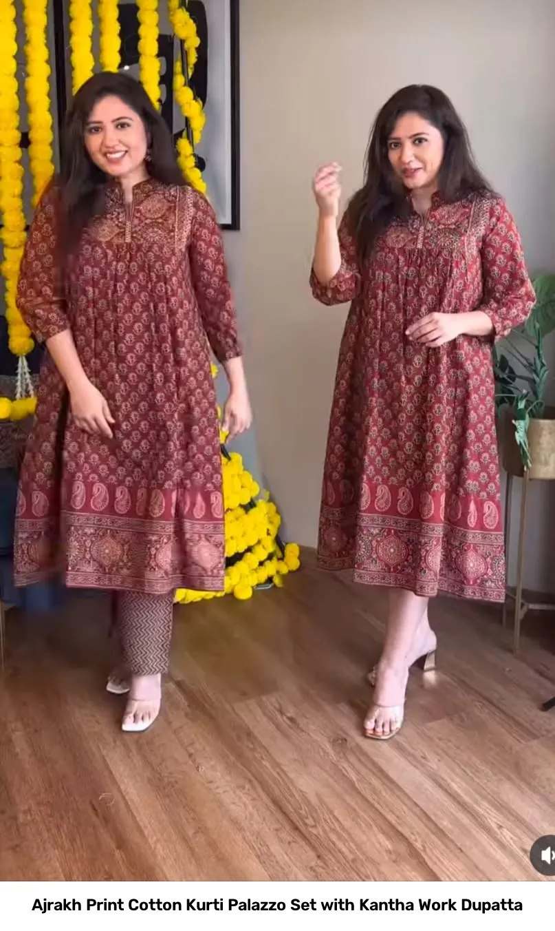 Ajrakh Print Cotton Kurti Palazzo Set with Kantha Work Dupatta 4