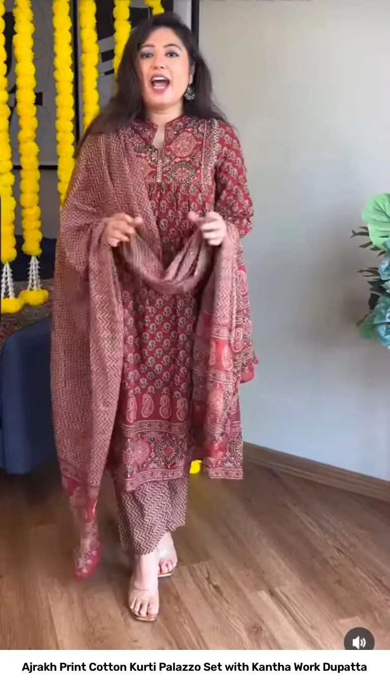 Ajrakh Print Cotton Kurti Palazzo Set with Kantha Work Dupatta 5