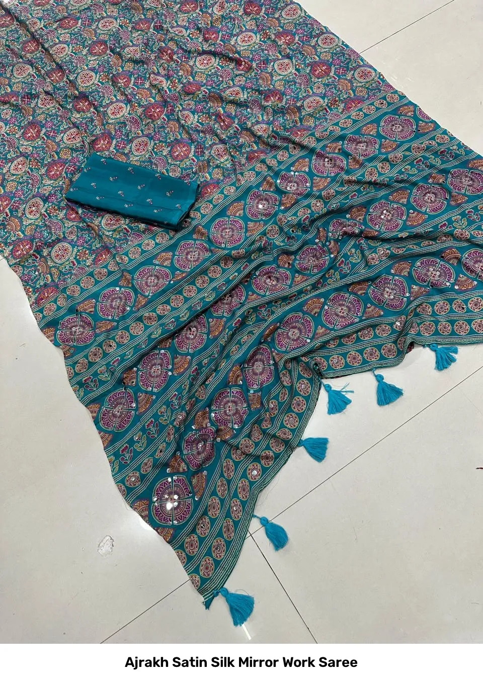 Ajrakh Satin Silk Mirror Work Saree 2