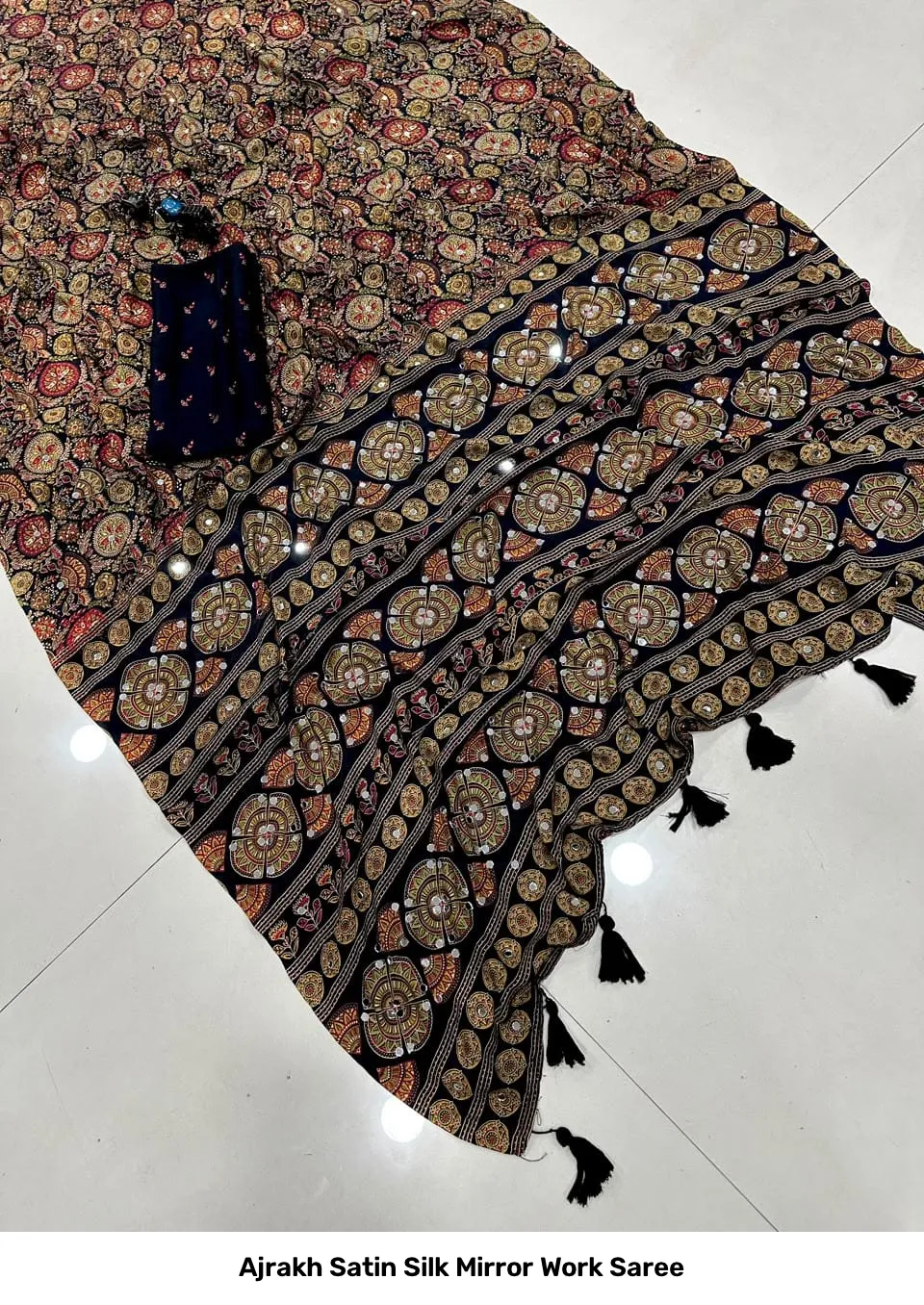 Ajrakh Satin Silk Mirror Work Saree 3