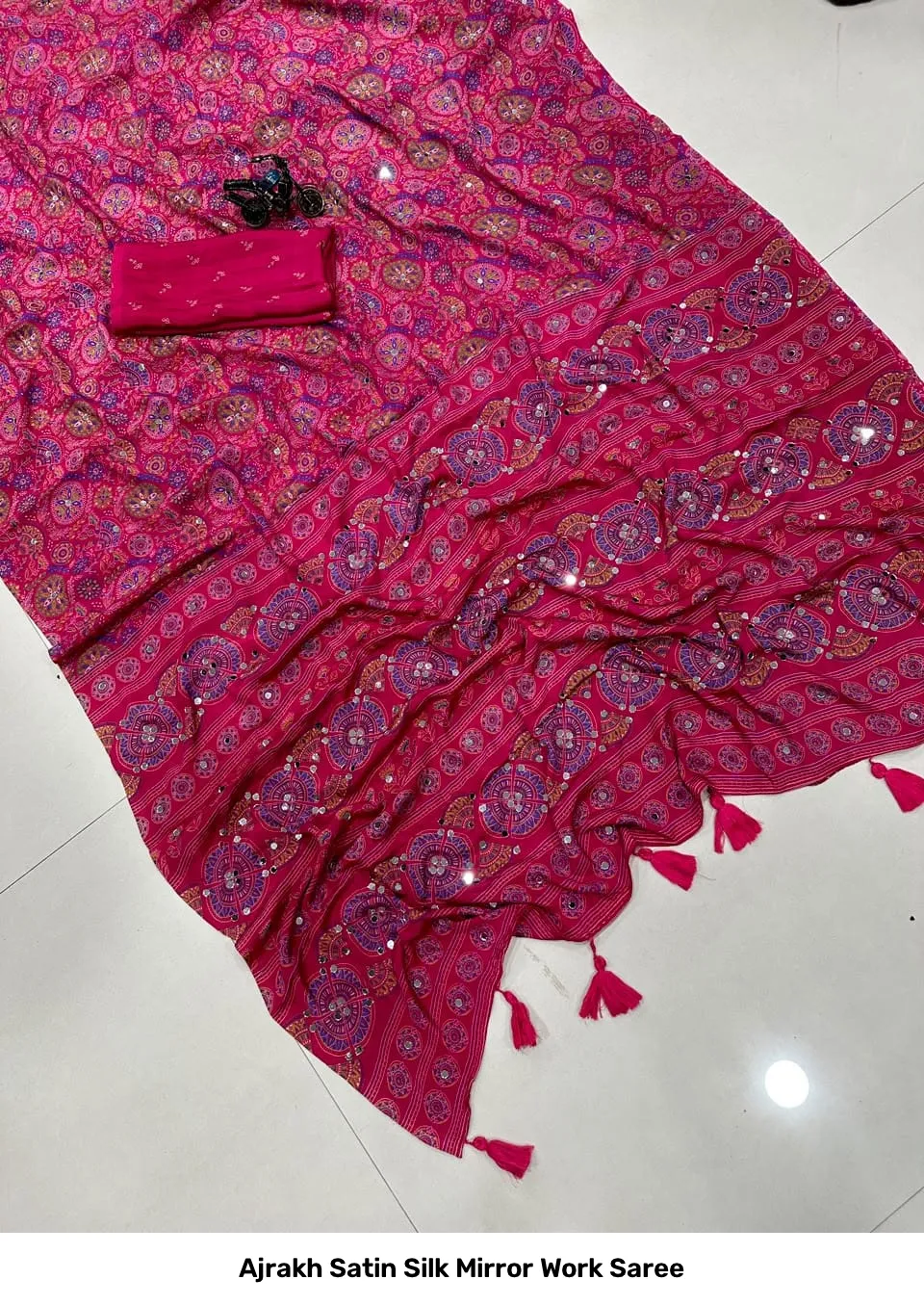 Ajrakh Satin Silk Mirror Work Saree 4