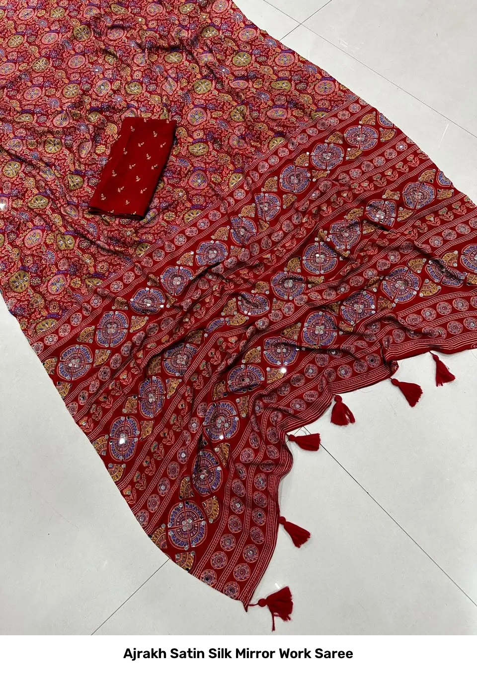 Ajrakh Satin Silk Mirror Work Saree 5