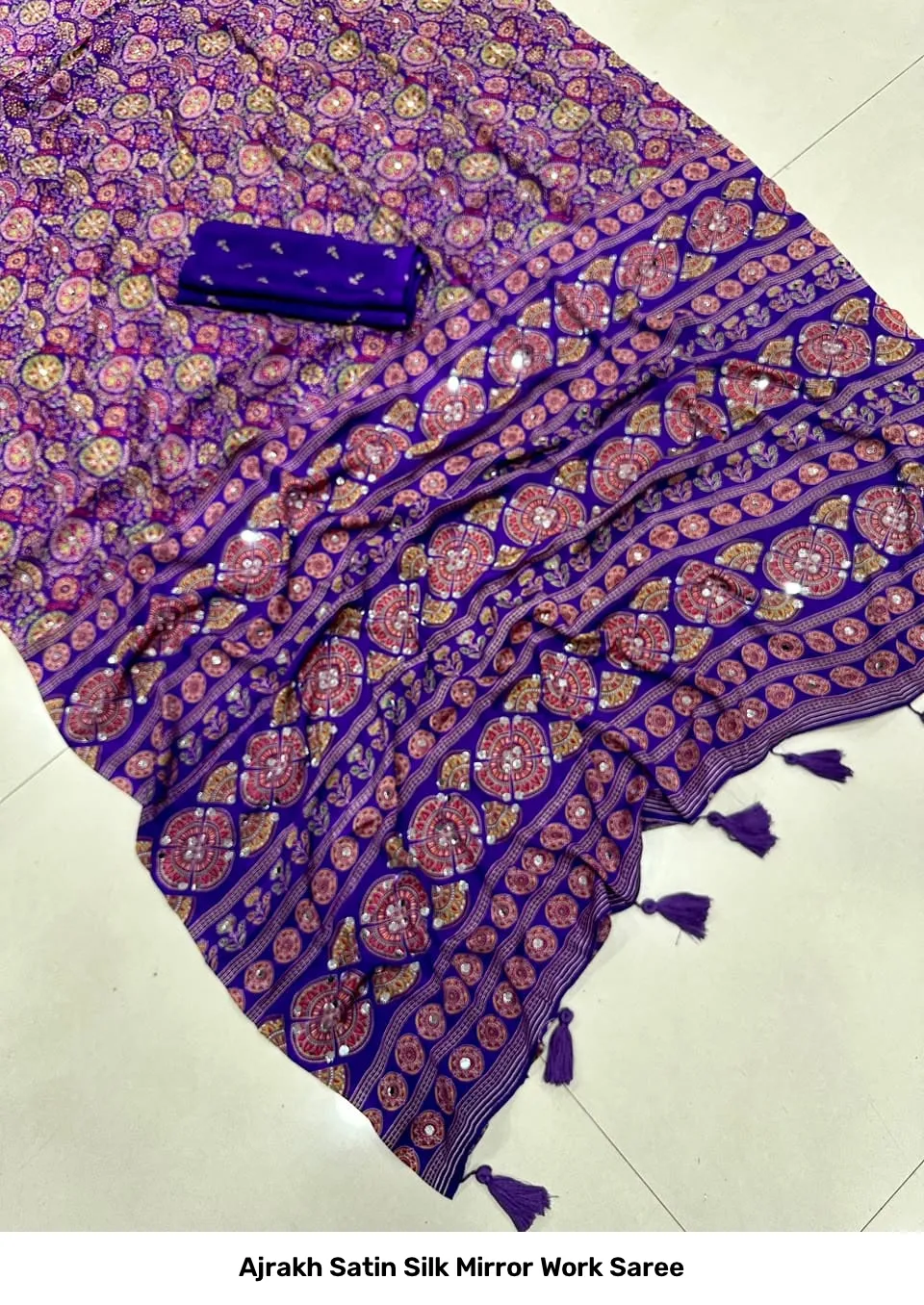 Ajrakh Satin Silk Mirror Work Saree 6