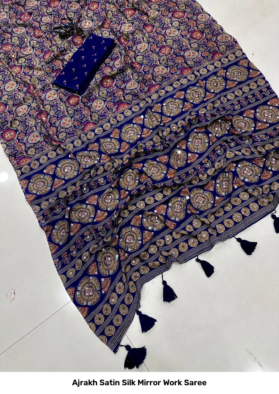 Ajrakh Satin Silk Mirror Work Saree 7