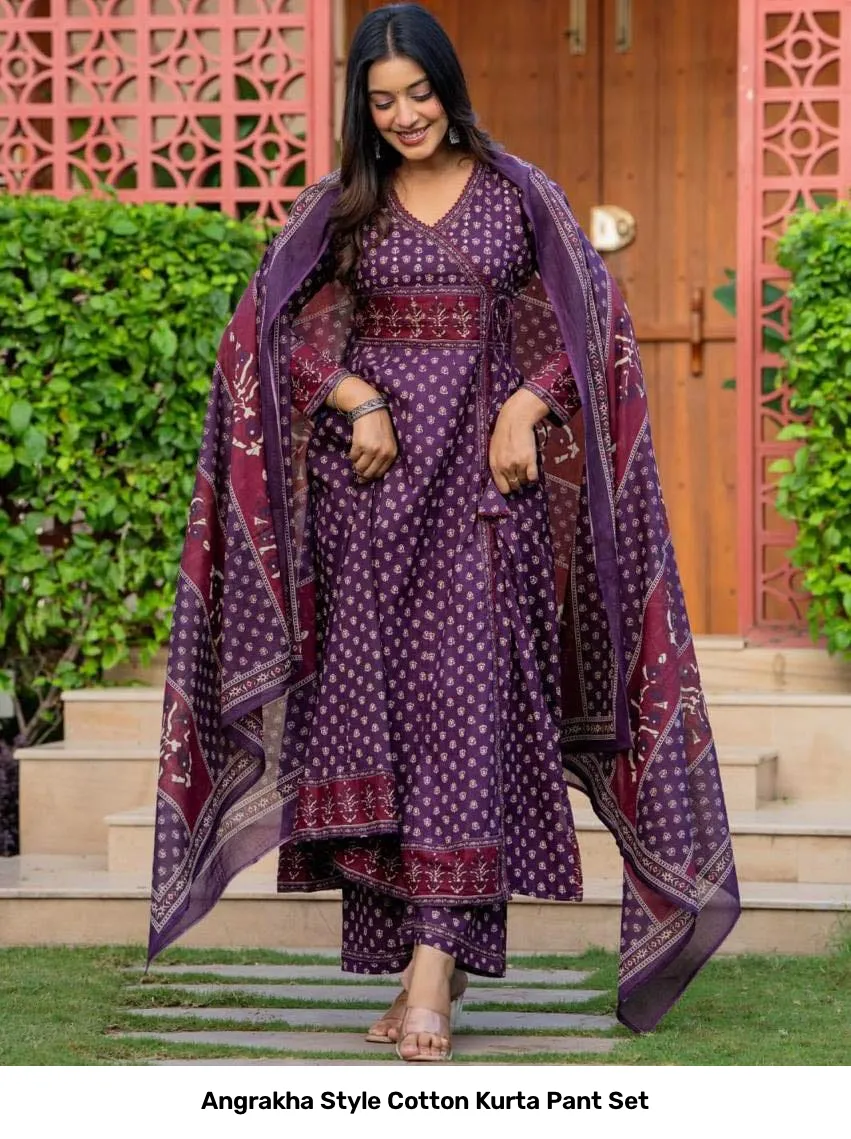 Angrakha Style Cotton Kurta Pant Set 2