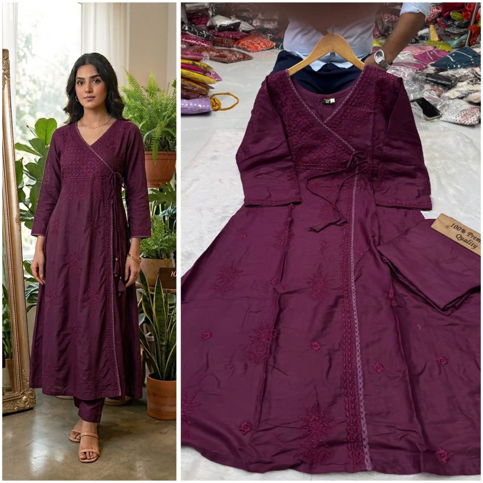 Angrakha Style Embroidered Kurta Pant Set for Women | Pure Rayon Cotton A-Line Kurti with Lace & Tassels (M–XXL)