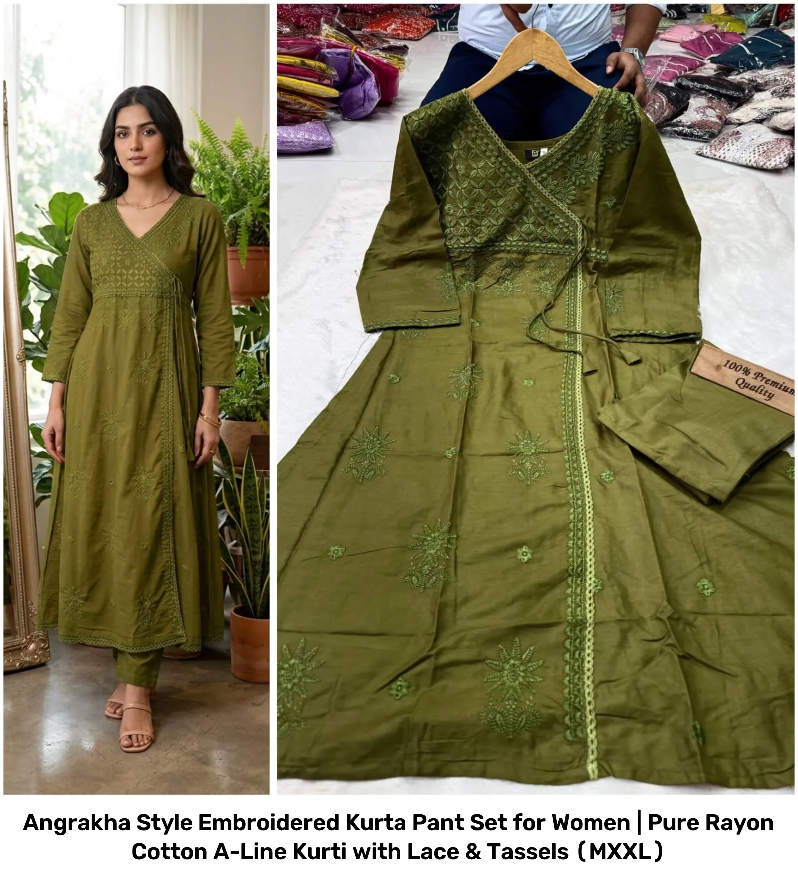 Angrakha Style Embroidered Kurta Pant Set for Women | Pure Rayon Cotton A-Line Kurti with Lace & Tassels (M–XXL) 2