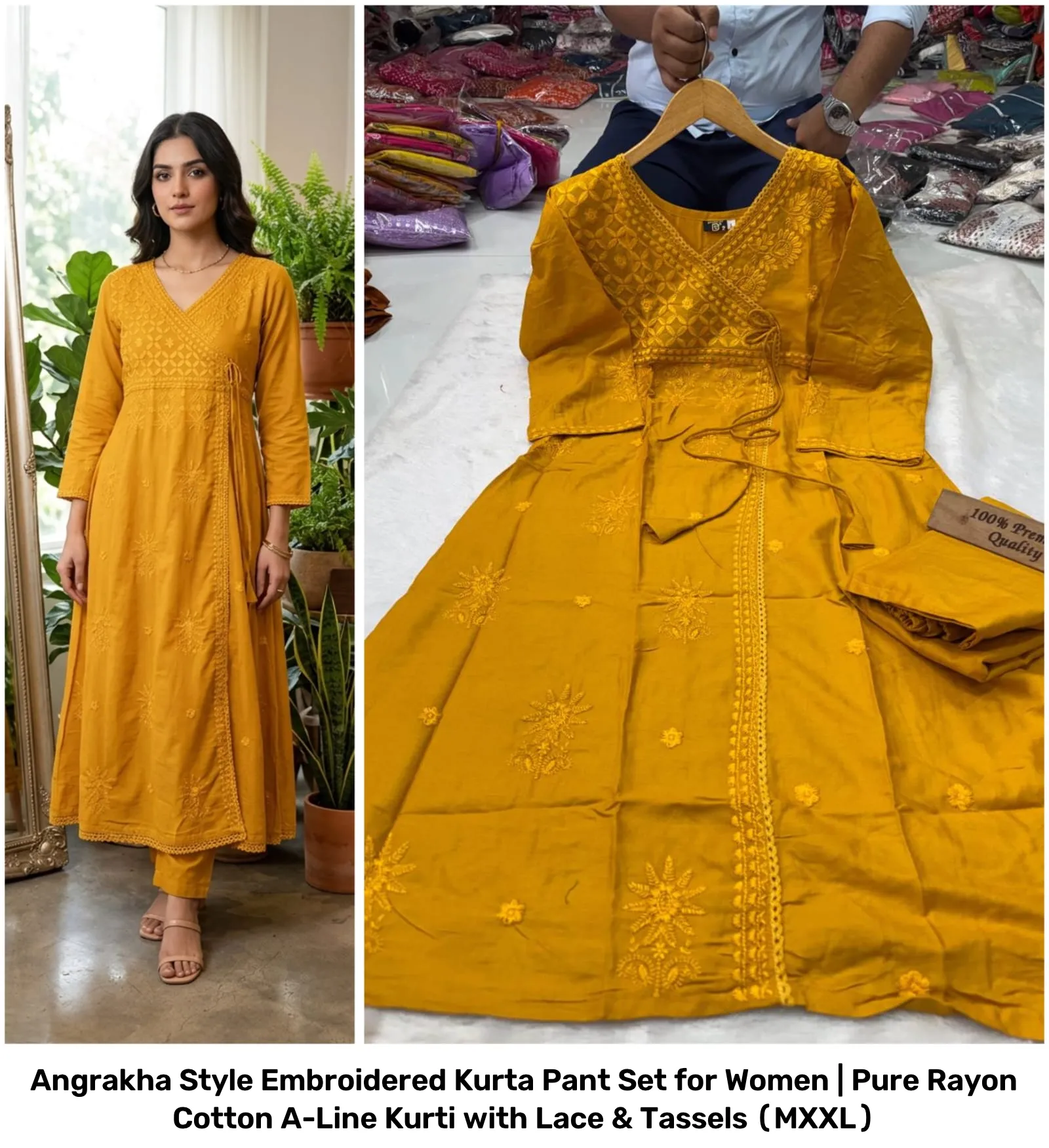 Angrakha Style Embroidered Kurta Pant Set for Women | Pure Rayon Cotton A-Line Kurti with Lace & Tassels (M–XXL) 3
