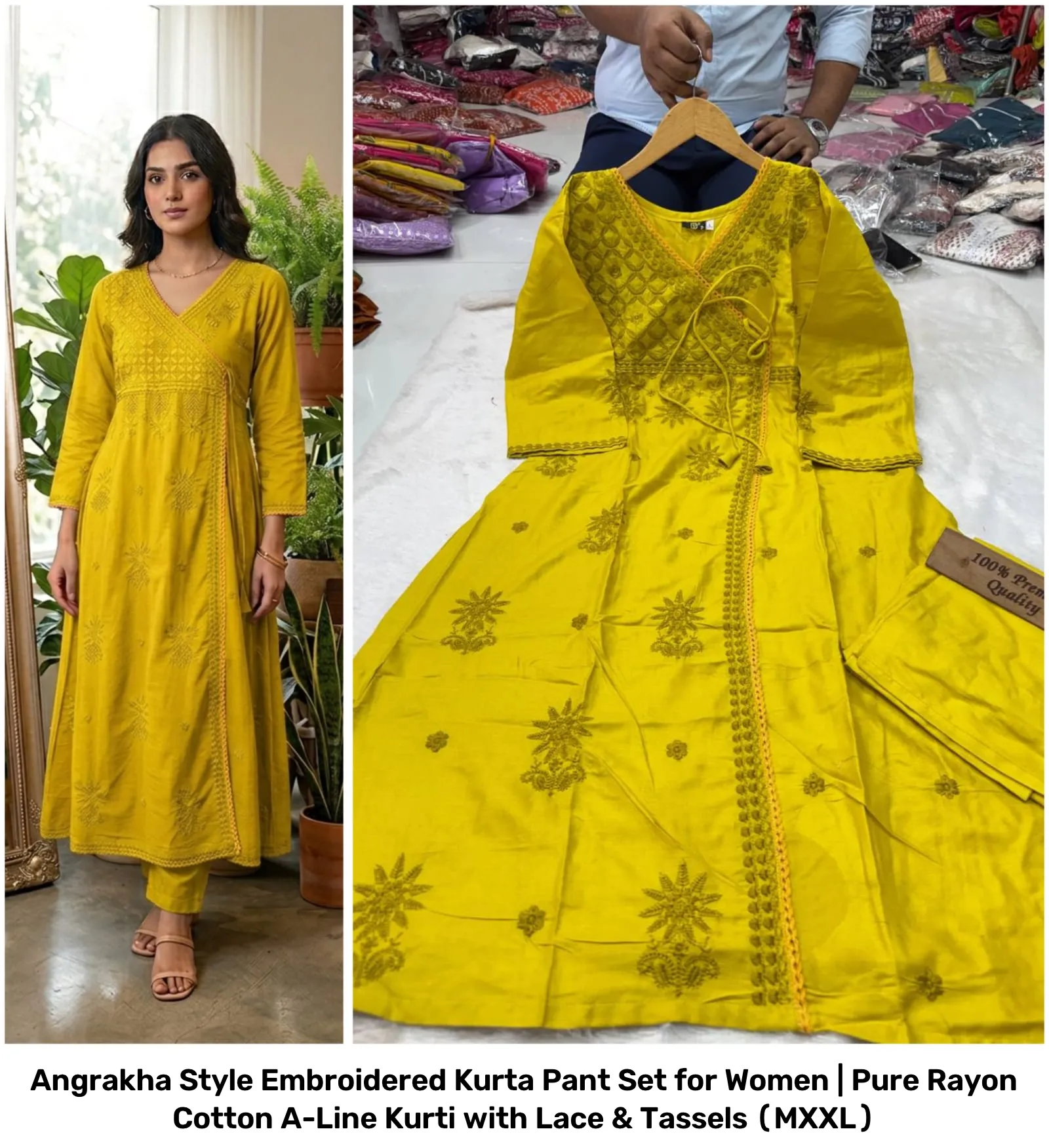 Angrakha Style Embroidered Kurta Pant Set for Women | Pure Rayon Cotton A-Line Kurti with Lace & Tassels (M–XXL) 4