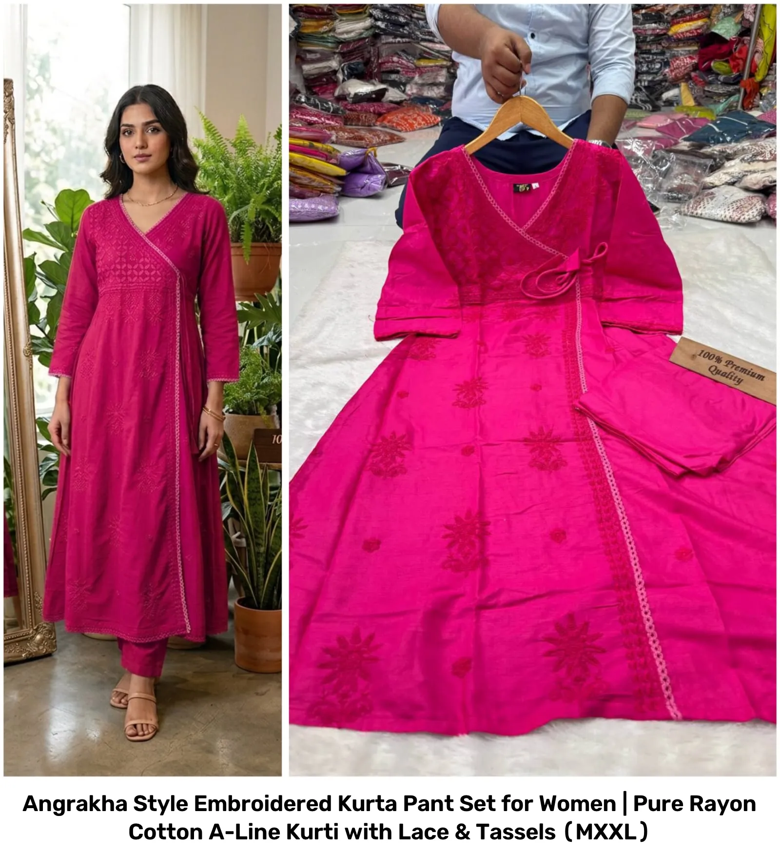 Angrakha Style Embroidered Kurta Pant Set for Women | Pure Rayon Cotton A-Line Kurti with Lace & Tassels (M–XXL) 5