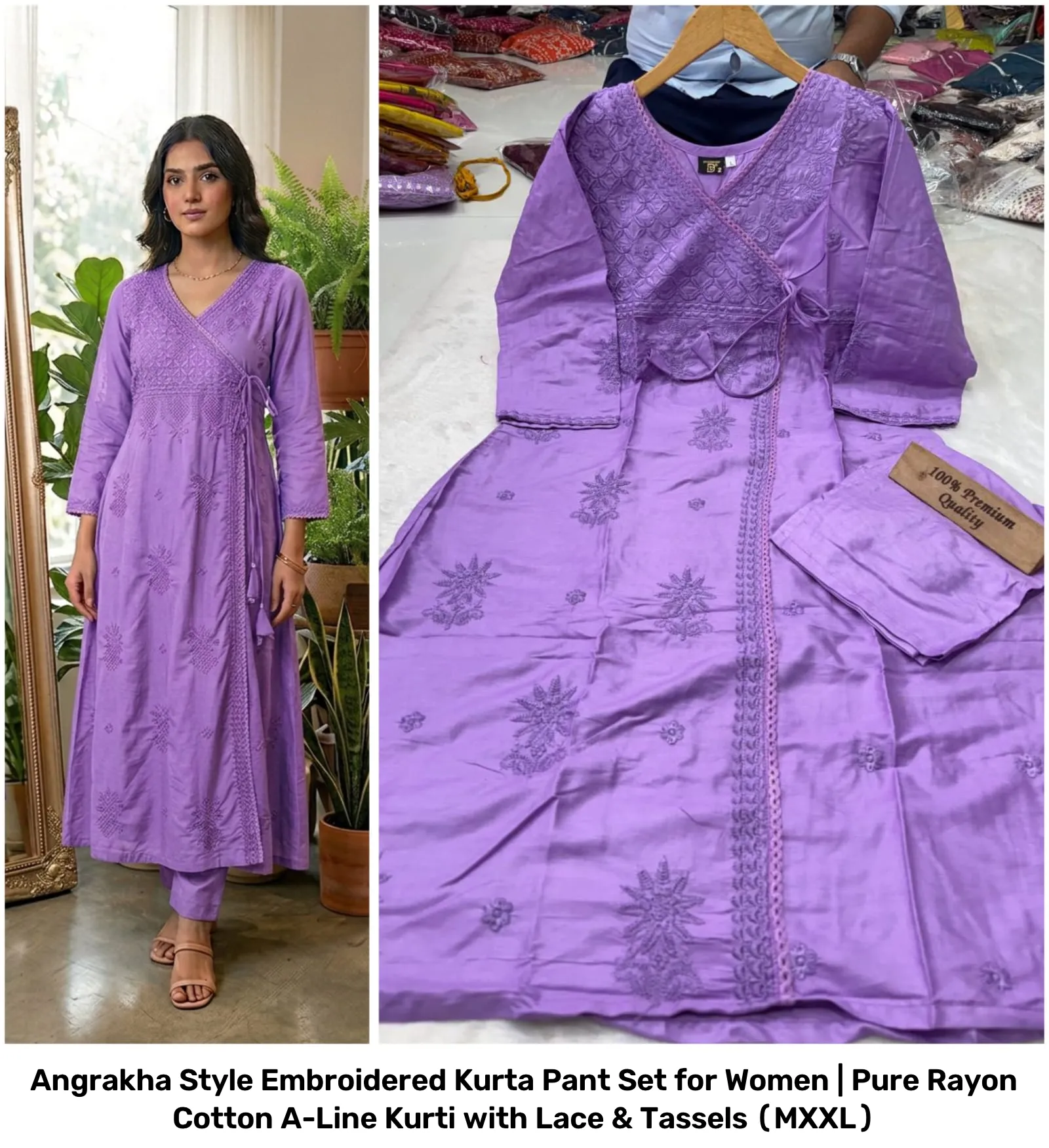 Angrakha Style Embroidered Kurta Pant Set for Women | Pure Rayon Cotton A-Line Kurti with Lace & Tassels (M–XXL) 6
