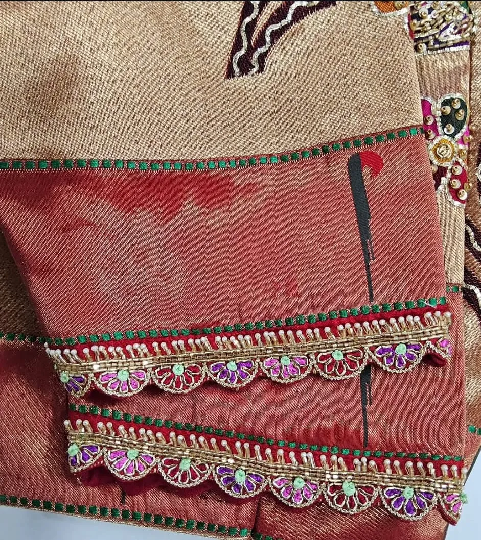 Antique Gold Tissue Silk Saree Blouse with Handcrafted Parrot Motif | Maggam & Kundan Work Scallop Neck Blouse