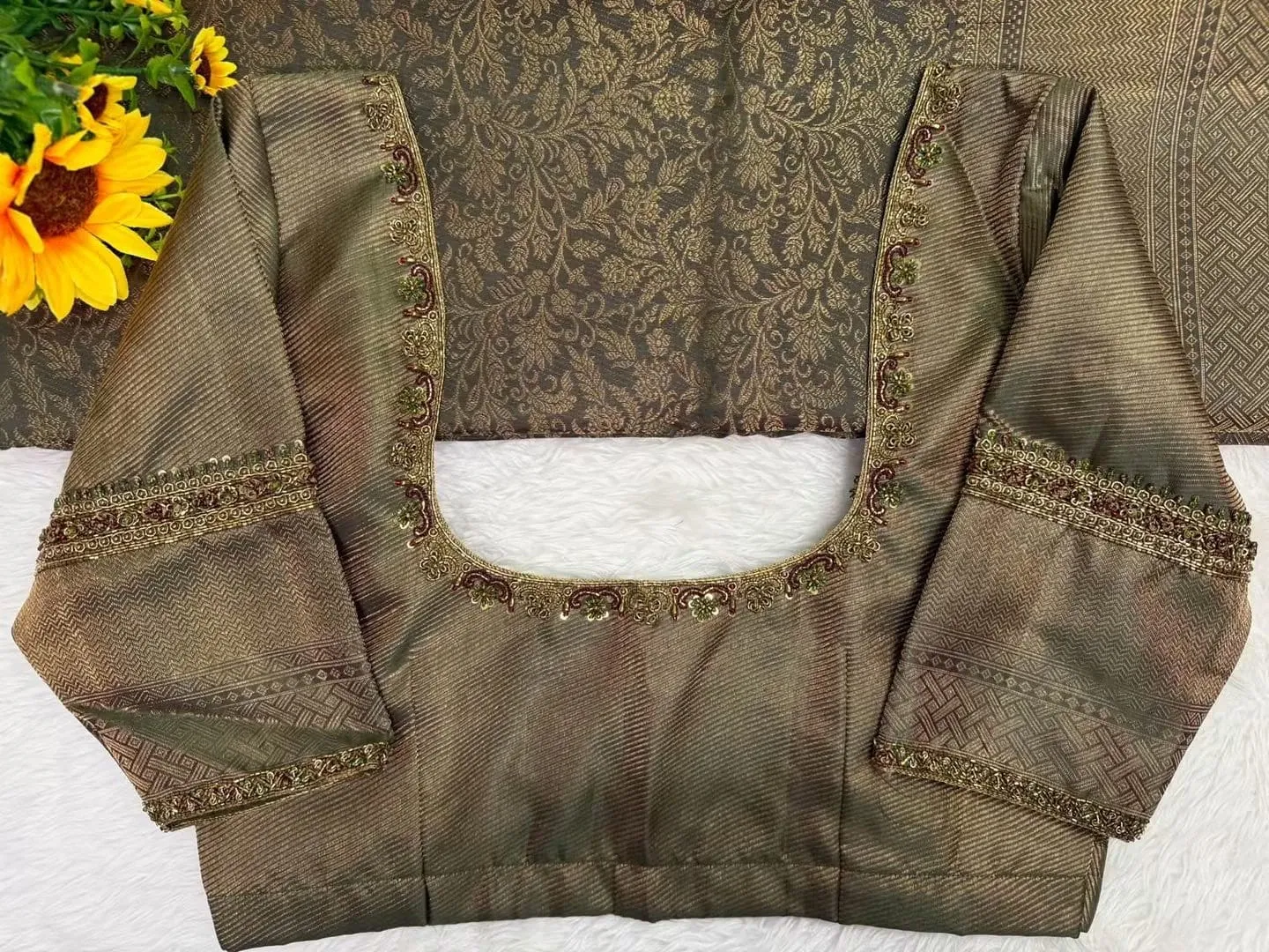 Antique Olive Silk Saree Blouse with Zardozi Scallop Neck