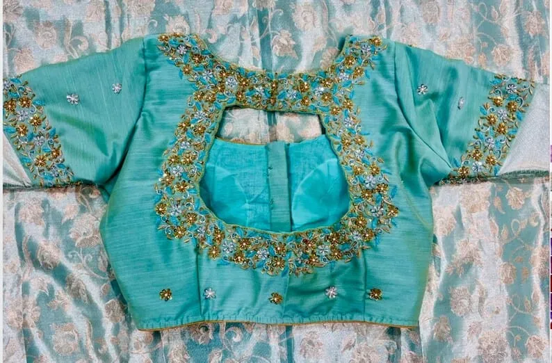 Aqua Mint Raw Silk Maggam Work Blouse | Floral Thread & Zari Window Cutout Back Saree Blouse