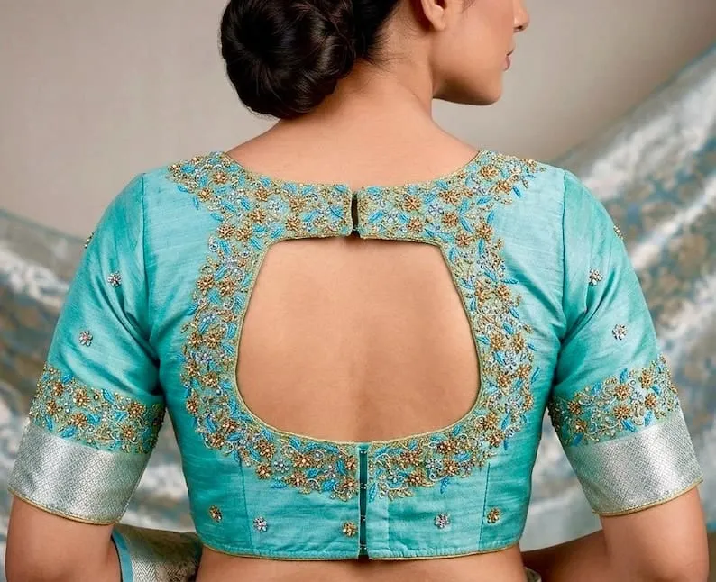 Aqua Sky Blue Silk Bridal Blouse | Handcrafted Zardozi Cut-Out Back Neck Maggam Work Saree Blouse with Zari Border (Wholesale)