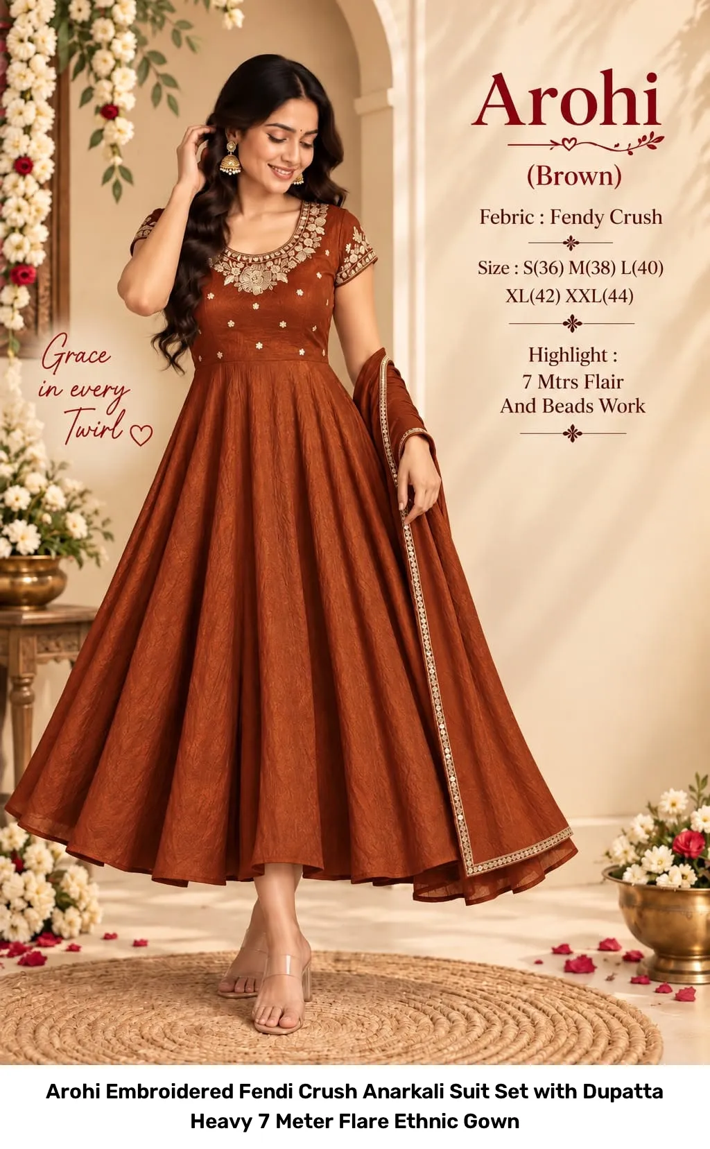 Arohi Embroidered Fendi Crush Anarkali Suit Set with Dupatta – Heavy 7 Meter Flare Ethnic Gown 10