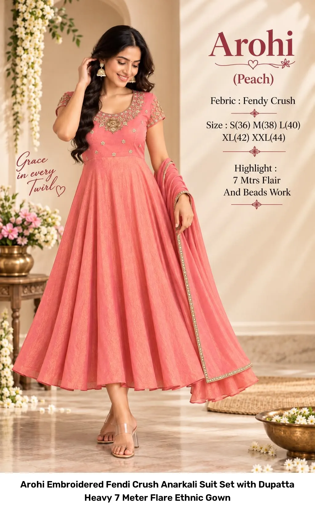 Arohi Embroidered Fendi Crush Anarkali Suit Set with Dupatta – Heavy 7 Meter Flare Ethnic Gown 12