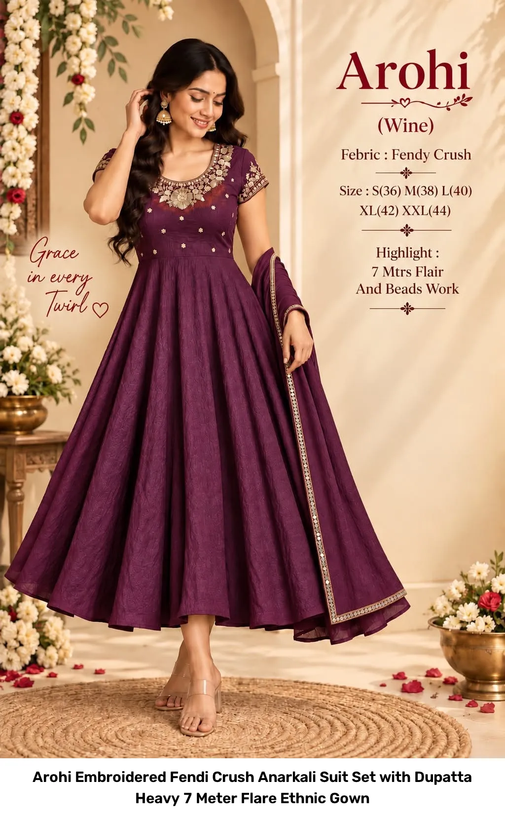 Arohi Embroidered Fendi Crush Anarkali Suit Set with Dupatta – Heavy 7 Meter Flare Ethnic Gown 2